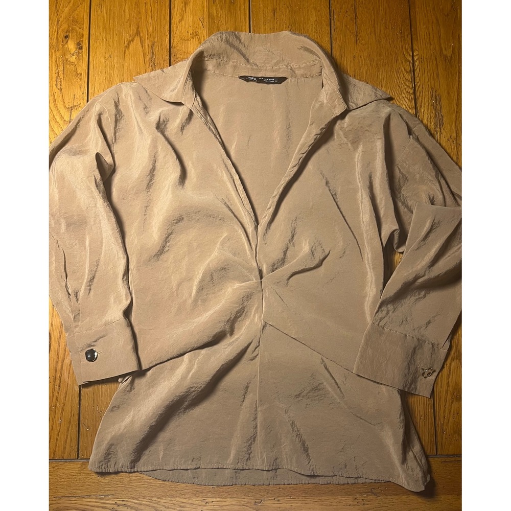 Zara Womens Taupe Twisted Front V-Neck Blouse Hammered Satin Top Size M